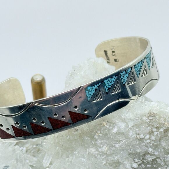 Sterling Silver Turquoise Inlay Cuff Bracelet Signed Ray B - Picture 1 of 6